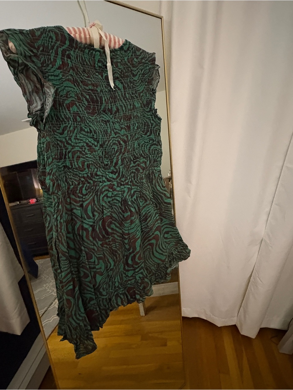 Anthropologie Green and Brown Patterned V-Neck Mini Dressi - Picture 3 of 3